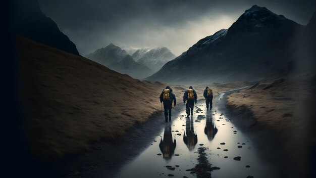 Groep wandelende reizigers in de scandinavische bergen op regenachtige mistige dag neuraal netwerk gegenereerd