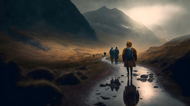 Groep wandelende reizigers in Scandinavische bergen op regenachtige mistige dag neuraal netwerk gegenereerde kunst