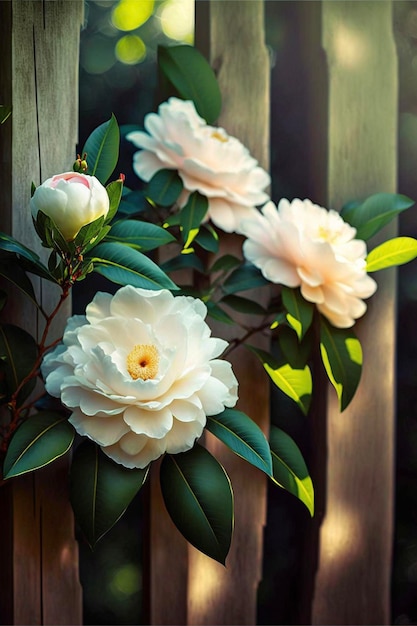 Groep witte bloemen die bovenop een houten omheining generatieve ai zitten