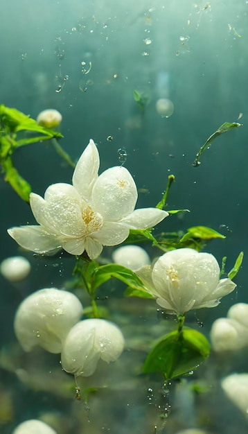 Groep witte bloemen die bovenop een watermassa generatieve ai drijven