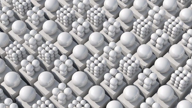 Groep witte glanzende bollen en kubussen Monochrome afbeelding 3d render