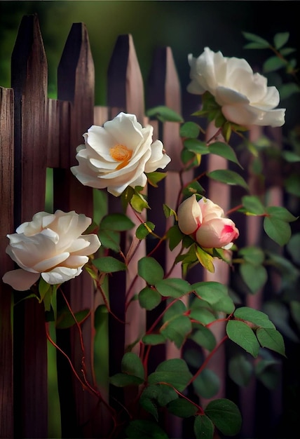 Groep witte rozen die bovenop een houten omheining generatieve ai zitten