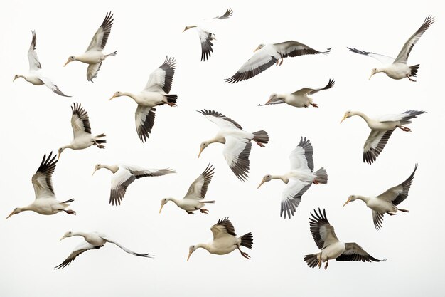 Groep witte trekvogels geïsoleerd op witte achtergrond Generatieve Ai