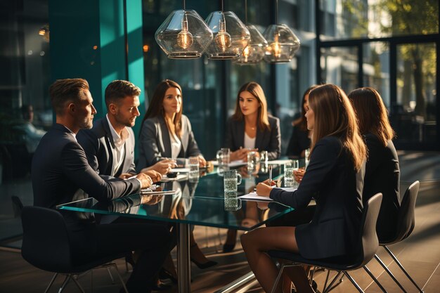 groep zakenlieden die in een zaal bijeenkomen om zakenmanagementkwesties te bespreken