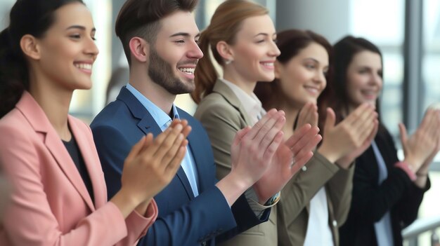 Groep zakenlieden die in het kantoor applaudissen succesvol teamwerkconcept