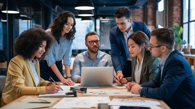 Groep zakenlieden die met schetsen en laptops werken terwijl ze tijd doorbrengen op het werk.