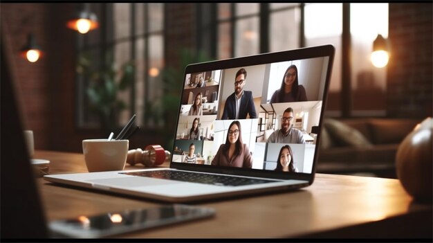 Groep zakenlieden die videoconferentie houden op laptop op kantoor Telework conferentieoproep met behulp van