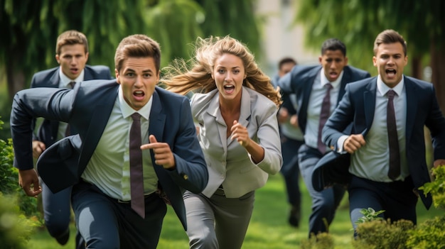 groep zakenmannen zakenvrouw Leuke grappige mensen rennen en spelen op de green