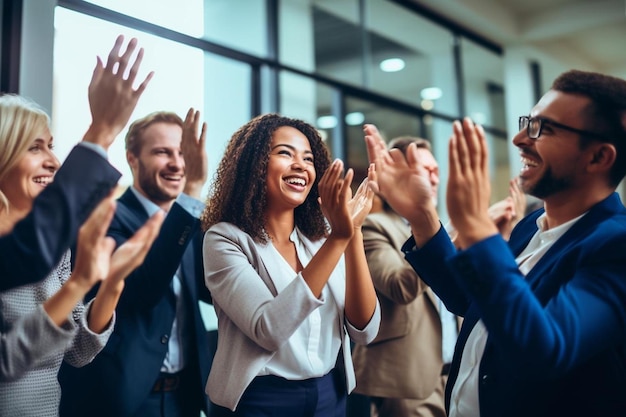 Groep zakenmensen applaudisseren en klappen op kantoor.