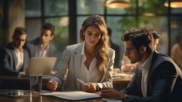 Groep zakenwerkers die samenwerken Partners die een van hen op het kantoor benadrukken