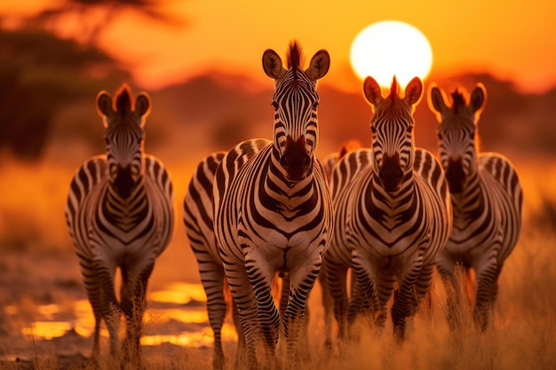 Groep zebras bij zonsondergang in het Chobe National Park Botswana Afrika Een kudde zebras in de savanne tijdens de zonsondergang AI gegenereerd