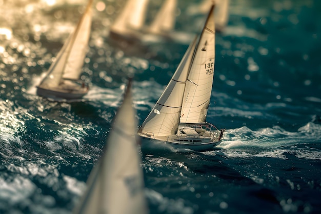 Groep zeilboten die op een watermassa drijven