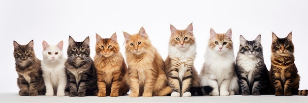 Groep zittende katten van verschillende rassen op een witte achtergrond