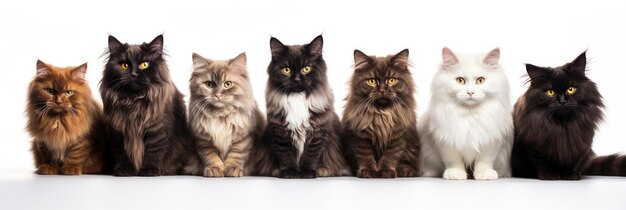 Groep zittende katten van verschillende rassen op een witte achtergrond