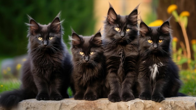 Foto groep zwarte pluizige katten met gele ogen die op steen in de tuin zitten