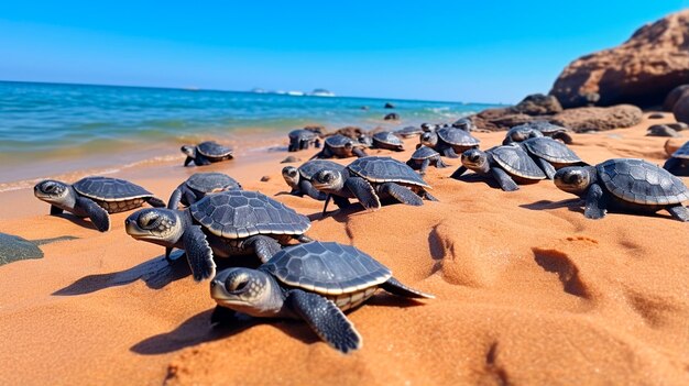 groep zwarte zeeschildpadden op het zandstrand