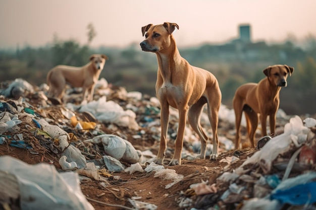 Groep zwerfhonden op zoek naar voedsel in een vuilnisbelt