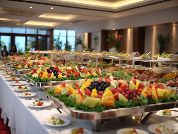 Groepscatering buffetvoedsel binnen in luxe restaurant met vlees, kleurrijke groenten en fruit