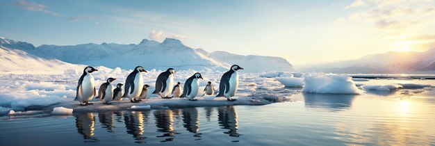 groepskoloniefamilie van pinguïns op een ijsschots in het oceaanwater in de winter
