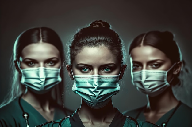 Groepsportret artsen en verpleegsters in chirurgische maskers klaar om zieke patiënten generatieve ai te behandelen
