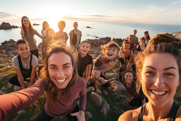 Groepsportret van gelukkige familie en vrienden voor de zee Vakantie concept Trip Vakantie