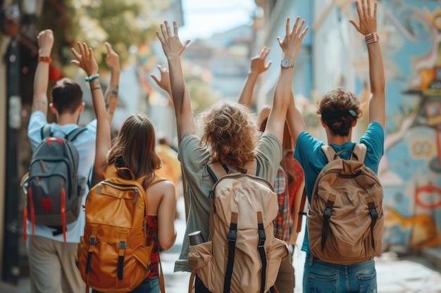 Foto groepsreizigers reizen met rugzak generatieve ai