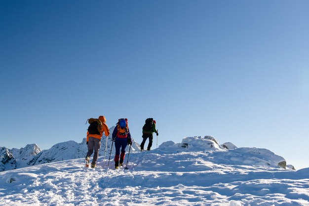 Groepswandelaars in de winterbergen, prachtig landschap en blauwe lucht