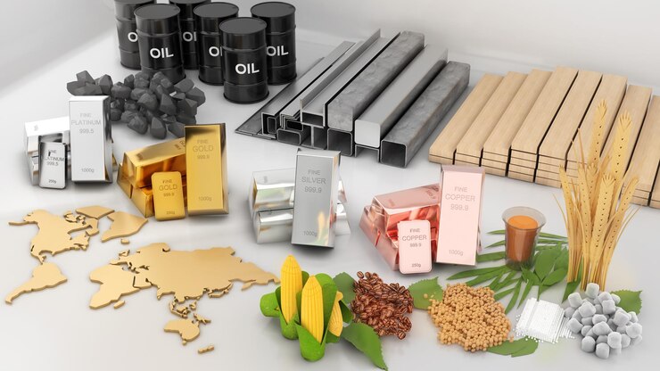 Grondstoffen zoals koolteer goud katoen maïs suiker sojabonen en ijzer op witte achtergrond Commodity business3D-rendering