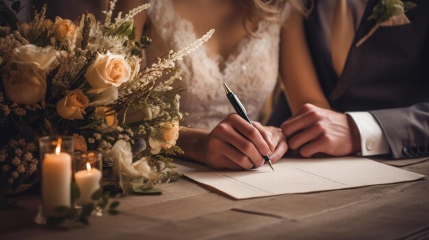 사진 신랑 과 신부 가 결혼 계약서 에 서명 하는 것
