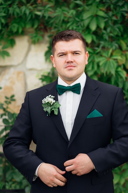 Groom in a black suit fix the bow tie on the background of the wall and the green leaves close up