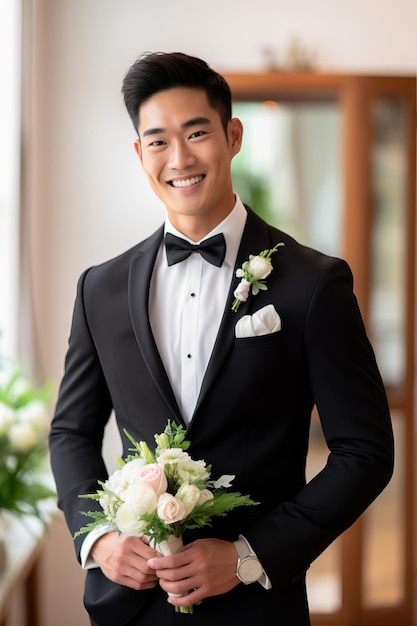 A groom in a black tuxedo holds a bouquet of flowers.