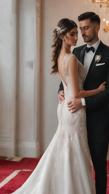 Groom in black tuxedo hugs tender stunning bride while they stand