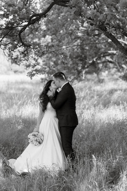 The groom and the bride are walking in the forest