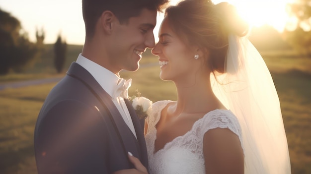 Groom and bride kissing on the wedding day