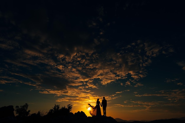 新郎と新婦は夕日の空を背景に山に立っています