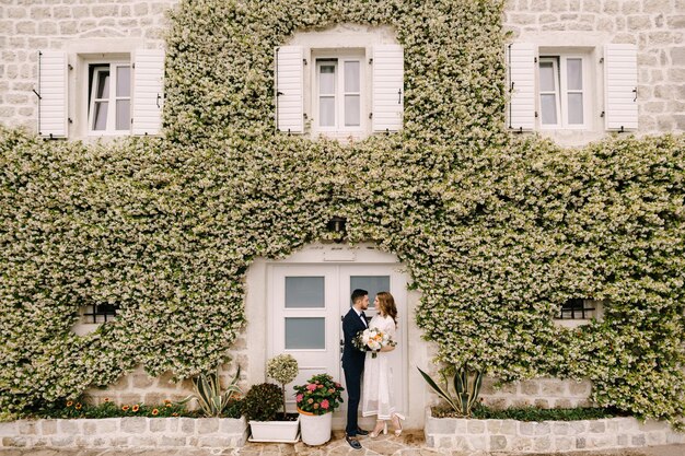 Photo groom and bride stand near the building covered with ivy