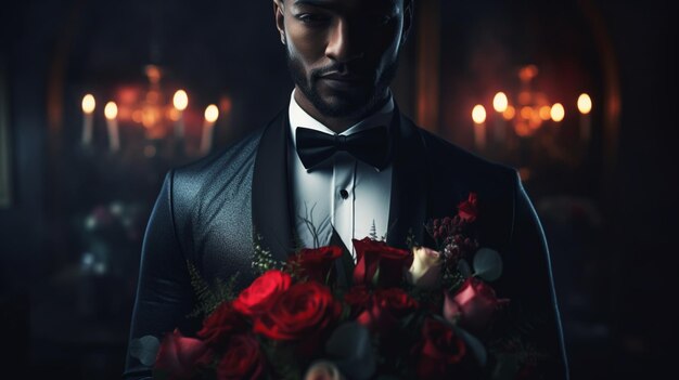 groom holding a bouquet behind his back