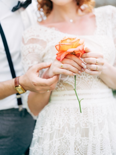 Lo sposo tiene la mano delle spose in un abito di pizzo bianco con una rosa in mano da vicino