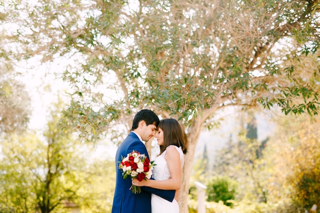 Groom hugs bride in a beautiful white dress with a bouquet of red and pink roses on a green tree