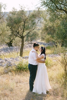 Lo sposo abbraccia la sposa nel giardino degli ulivi