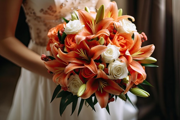 A groom is holding the brides bouquet