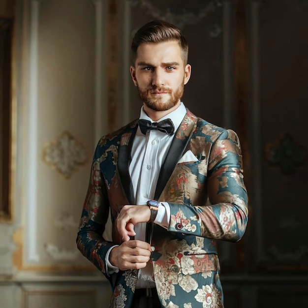 Groom is wearing a wrist watch indoors Male portrait of handsome guy