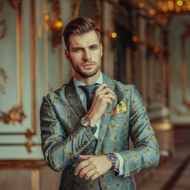 Groom is wearing a wrist watch indoors Male portrait of handsome guy