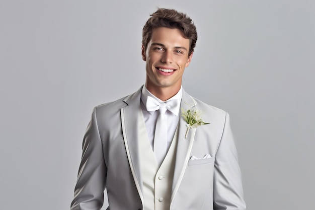 A groom in a light gray suit with a white bow tie.