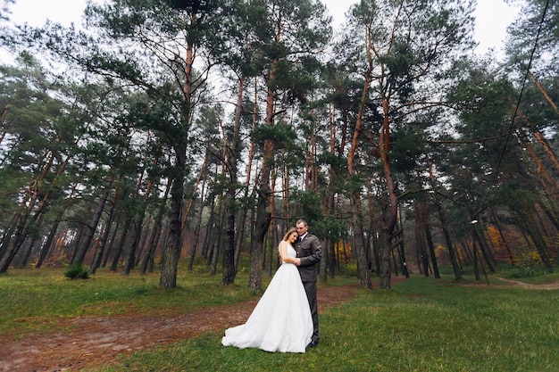 Groom in military uniform hugs bride in wedding dress in the par