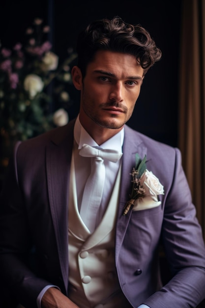 A groom in a purple suit sits in front of a window