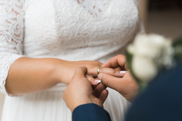 The groom put the ring on the bride's ring finger