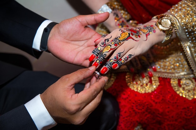 A groom puts the ring on the finger of bride Indian Wedding