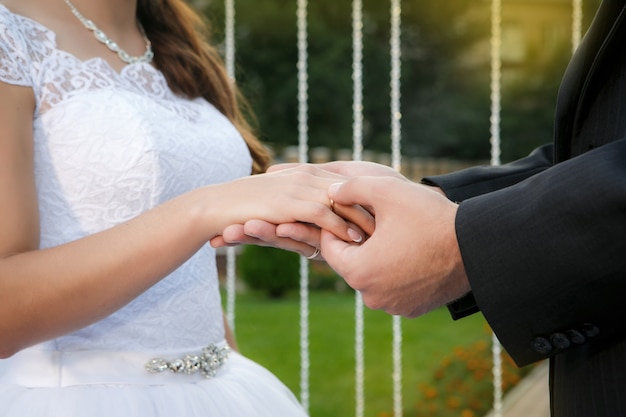 Groom puts wedding ring on bride's finger