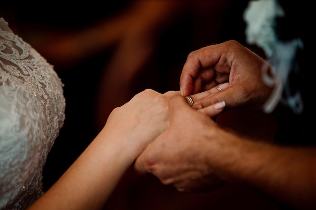 Groom putting a ring on a bride's finger during the wedding ceremony